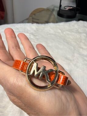 Michael Kors upcycled logo Orange bonded Leather Bracelet with Gold MK Emblem